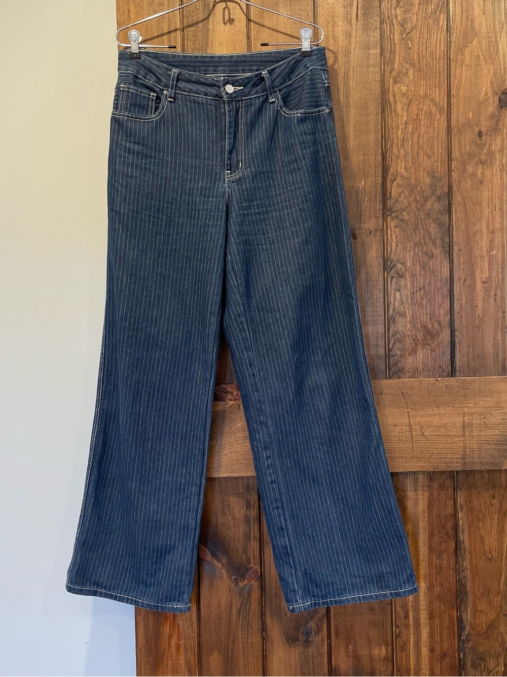 Forever 21 Dark Wash Wide Leg Railroad Vertical Stripe Denim Jeans 10 Baggy 8
